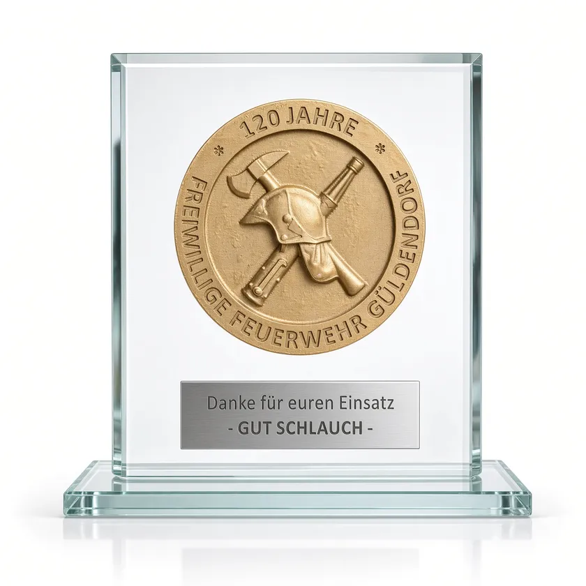 Glasaufsteller mit Bronzemedaille zum 120-jährigen Jubiläum einer Freiwilligen Feuerwehr