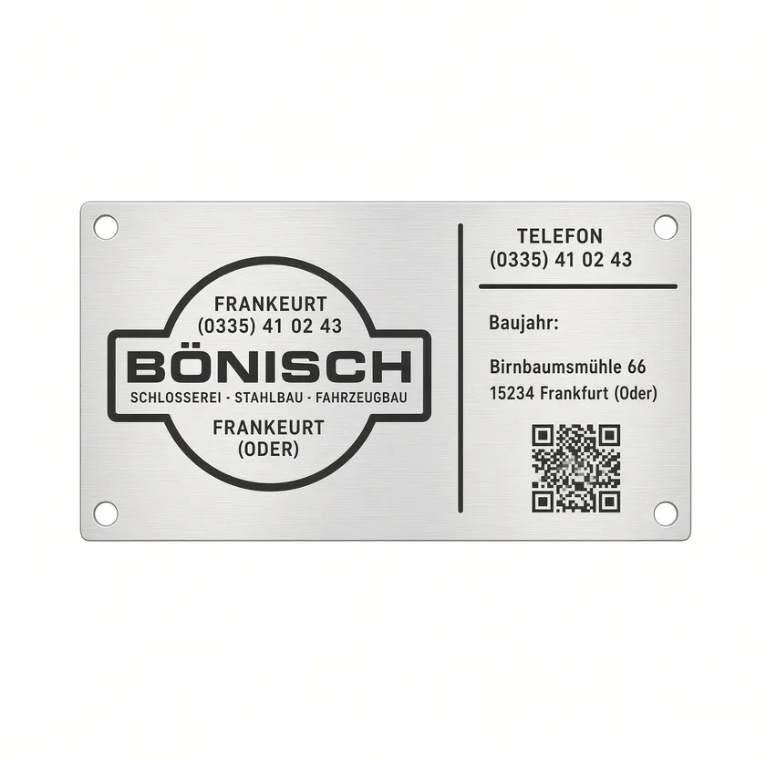 Typenschild einer Schlosserei aus gebürstetem Edelstahl mit QR-Code